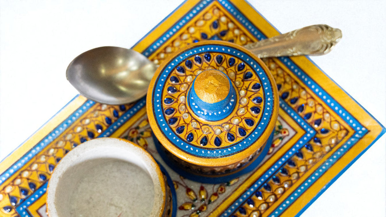 Blue Handcrafted Marble Dryfruit, Condiments, Snacks Serving Tray and Box (One Set)