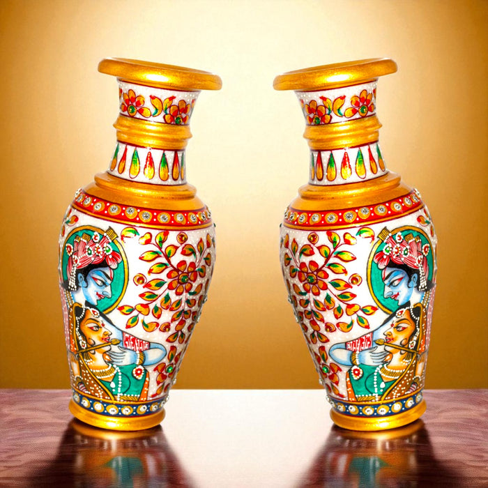 Handcrafted Marble Vase with Radha Krishna design (Single Piece)