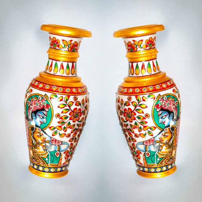 Handcrafted Marble Vase with Radha Krishna design (Single Piece)