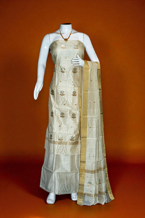Chanderi Silk | Handloom 3 Piece Suit | Booti with Zari Border