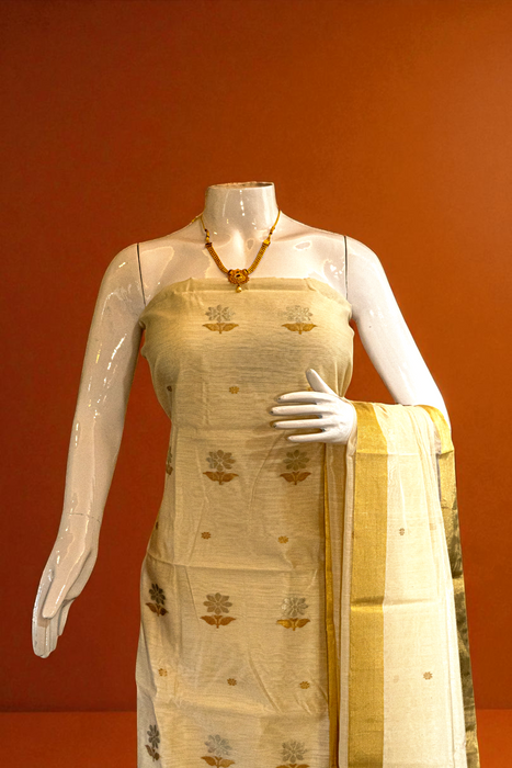 Chanderi Silk | Handloom 3 Piece Suit | Booti with Zari Border