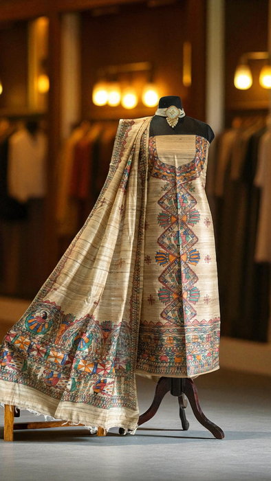 Madhubani Tussar | Handloom 2 Piece Suit | Hand Painted Heritage Art | Earth 10