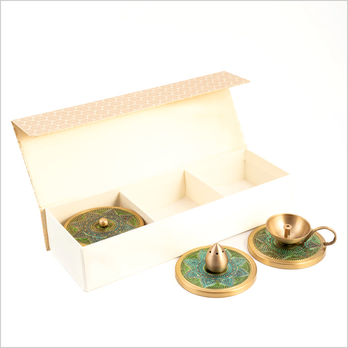 GIFT BOX : VRINDA DIYA + INCENSE HOLDER + MUTLI PURPOSE CONTAINER
