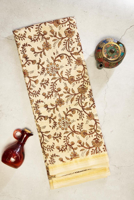 Graceful Beige Kalamkari Chanderi Cotton Silk Suit with Persian Motifs