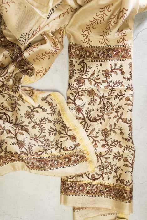 Graceful Beige Kalamkari Chanderi Cotton Silk Suit with Persian Motifs