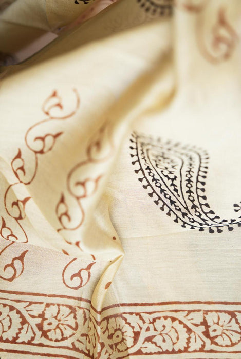 Elegant Beige Kalamkari Chanderi Cotton Silk Suit with Gold Border