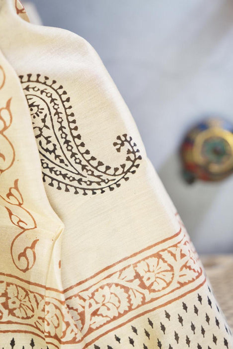 Elegant Beige Kalamkari Chanderi Cotton Silk Suit with Gold Border