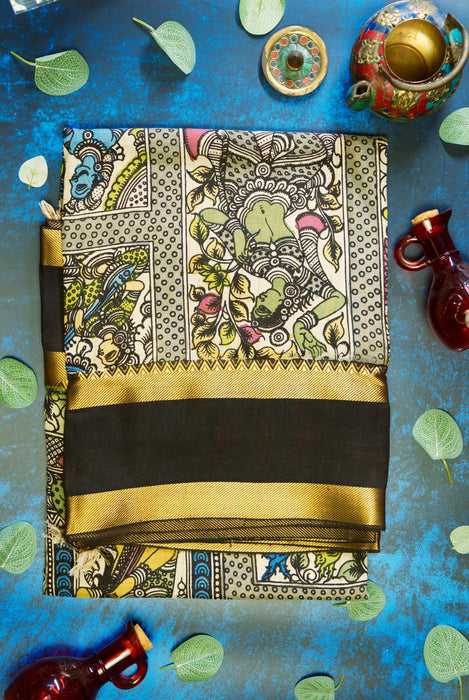 Hand-Painted Srikalahasti  Kalamkari Black Silk Saree