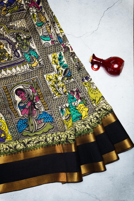 Hand-Painted Srikalahasti  Kalamkari Black Silk Saree