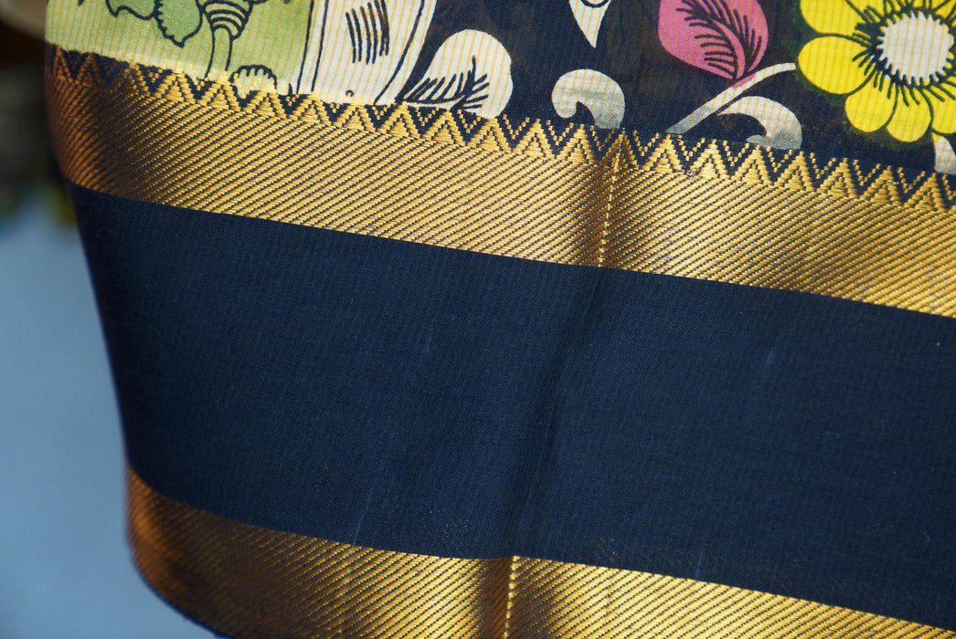 Hand-Painted Srikalahasti  Kalamkari Black Silk Saree