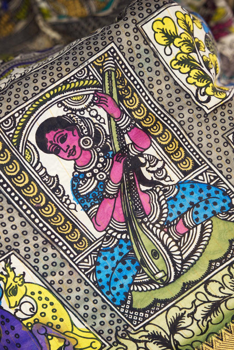 Hand-Painted Srikalahasti  Kalamkari Black Silk Saree