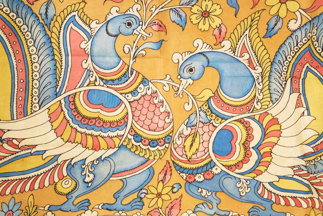 Hand-Painted Srikalahasti  Kalamkari Green Silk Saree