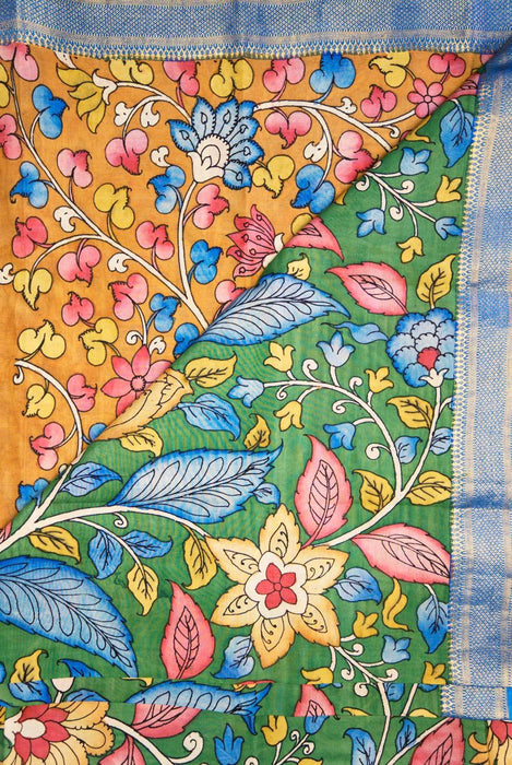 Hand-Painted Srikalahasti  Kalamkari Green Silk Saree