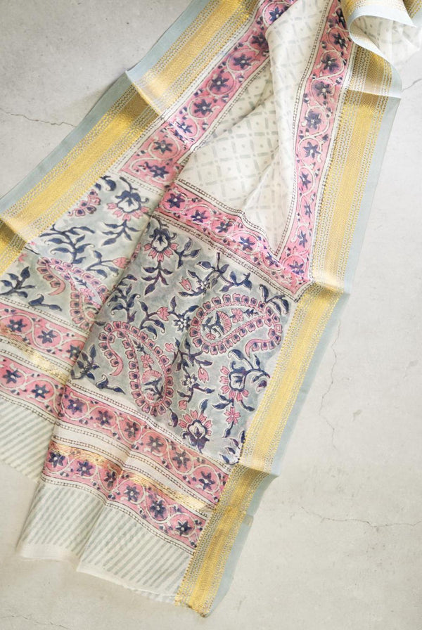 Elegant Grey Maheshwari Kalamkari Cotton Silk Suit with Pink Persian Motifs