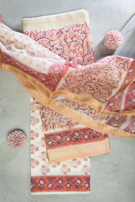 Vibrant Pink and Orange Maheshwari Kalamkari Cotton Silk Suit