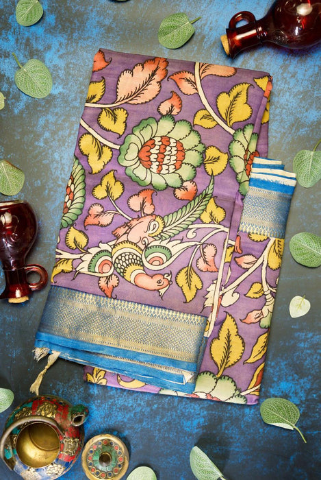 Hand-Painted Purple Srikalahasti Kalamkari  Silk Saree