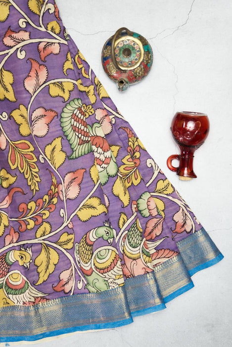 Hand-Painted Purple Srikalahasti Kalamkari  Silk Saree