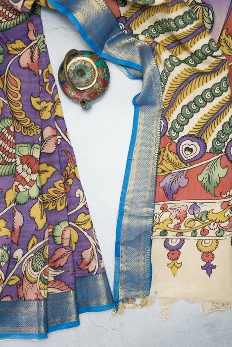 Hand-Painted Purple Srikalahasti Kalamkari  Silk Saree