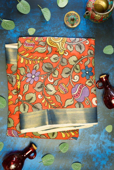 Red Hand-Painted Srikalahasti Kalamkari  Silk Saree