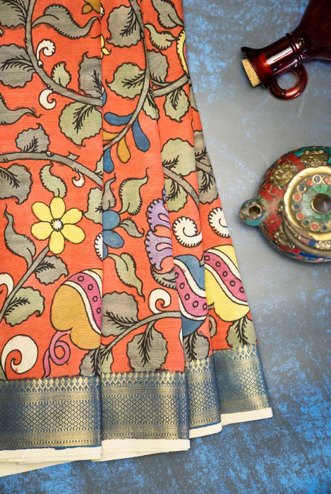 Red Hand-Painted Srikalahasti Kalamkari  Silk Saree