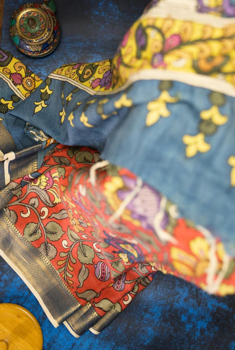 Red Hand-Painted Srikalahasti Kalamkari  Silk Saree