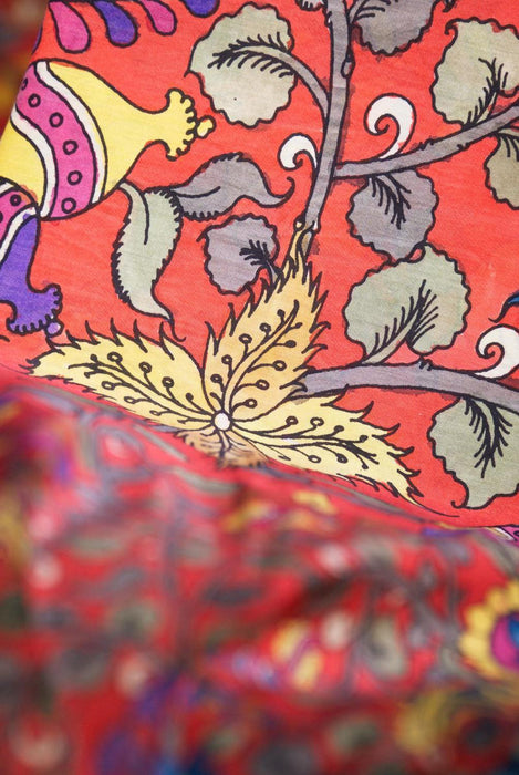 Red Hand-Painted Srikalahasti Kalamkari  Silk Saree