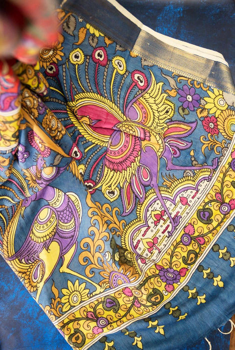 Red Hand-Painted Srikalahasti Kalamkari  Silk Saree