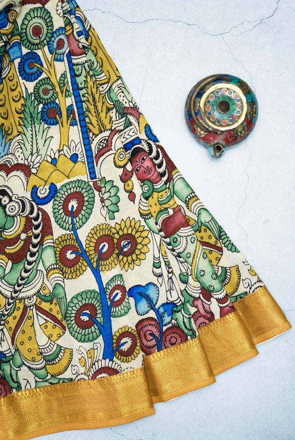 Hand-Painted Srikalahasti  Kalamkari Blue Silk Saree