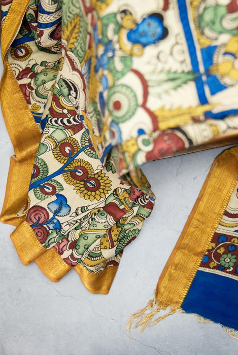 Hand-Painted Srikalahasti  Kalamkari Blue Silk Saree