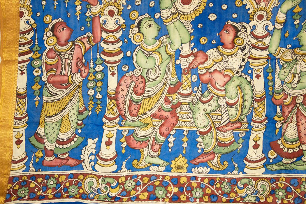 Hand-Painted Srikalahasti  Kalamkari Blue Silk Saree