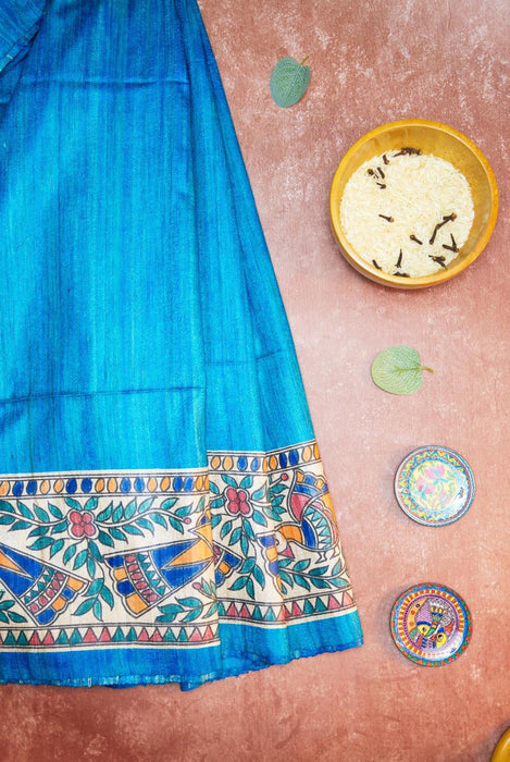 Serene Blue Madhubani  Silk Saree with Traditional Folk Art