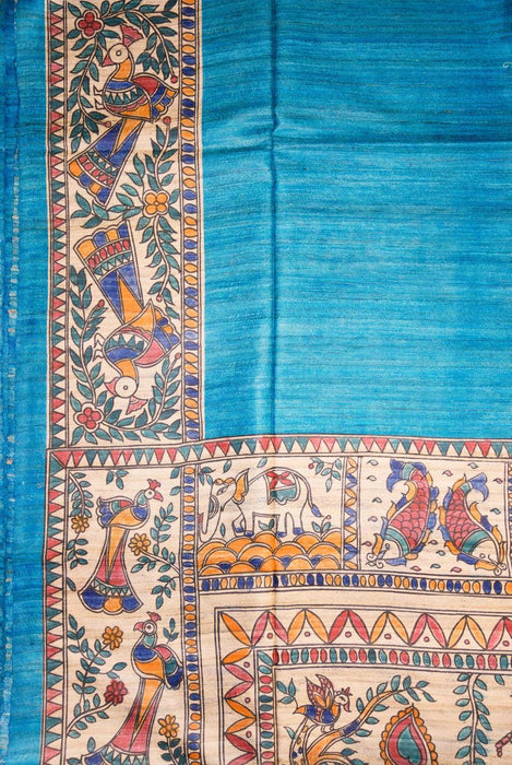 Serene Blue Madhubani  Silk Saree with Traditional Folk Art