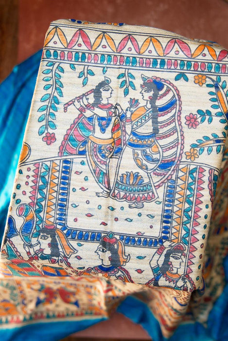 Serene Blue Madhubani  Silk Saree with Traditional Folk Art