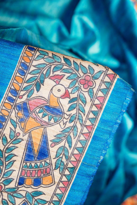 Serene Blue Madhubani  Silk Saree with Traditional Folk Art