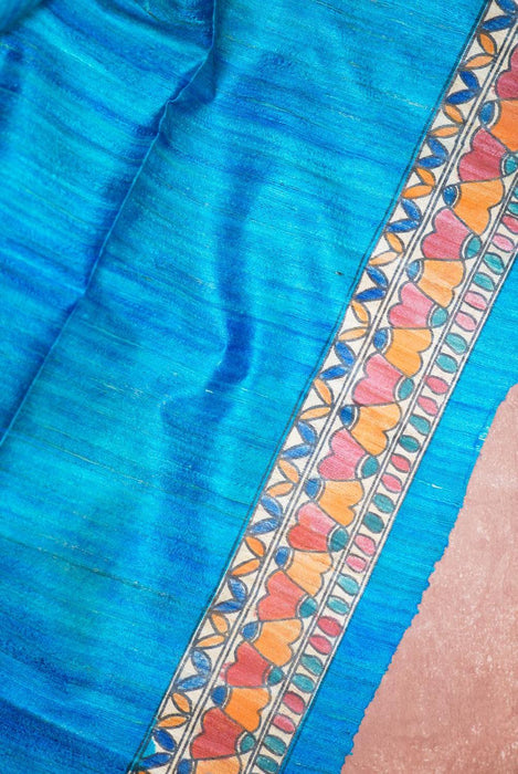 Serene Blue Madhubani  Silk Saree with Traditional Folk Art