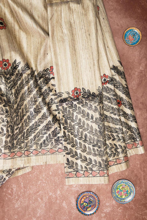 Leaf Print Madhubani Silk Saree with Nature-Inspired Designs 