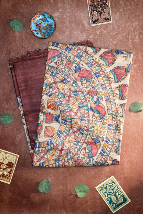 Rich Maroon Madhubani Silk Saree with Intricate Folk Art