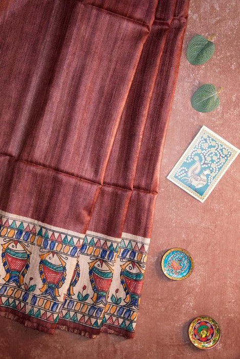 Rich Maroon Madhubani Silk Saree with Intricate Folk Art