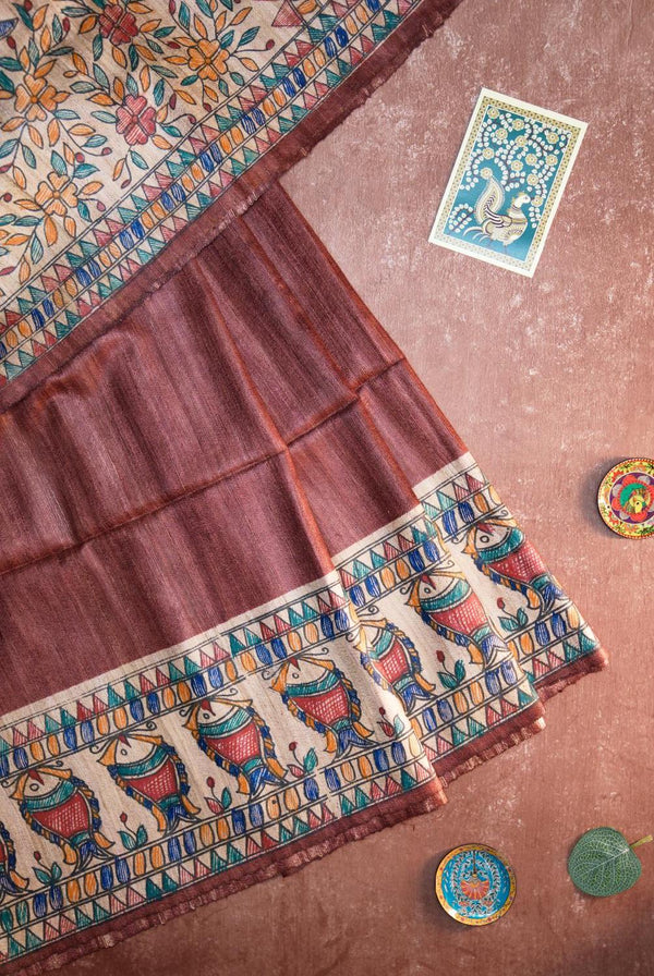 Rich Maroon Madhubani Silk Saree with Intricate Folk Art