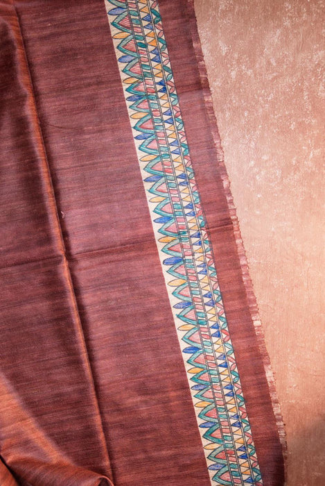 Rich Maroon Madhubani Silk Saree with Intricate Folk Art