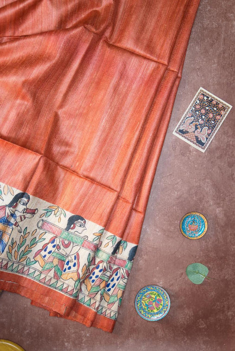 Bold Red Madhubani Silk Saree with Traditional Artistry