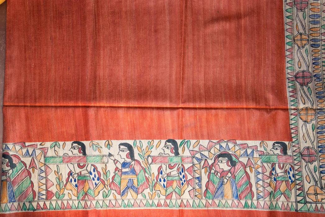 Bold Red Madhubani Silk Saree with Traditional Artistry