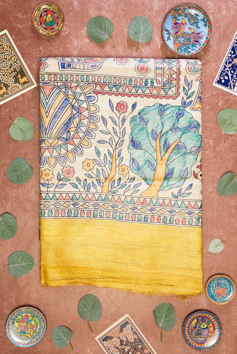 Bright Yellow Madhubani Silk Saree with Artistic Folk Designs 