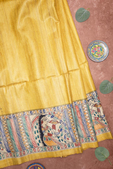 Bright Yellow Madhubani Silk Saree with Artistic Folk Designs 