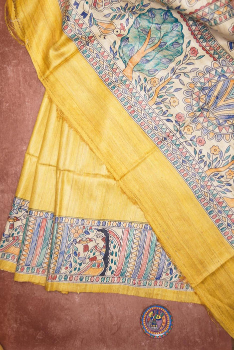 Bright Yellow Madhubani Silk Saree with Artistic Folk Designs 