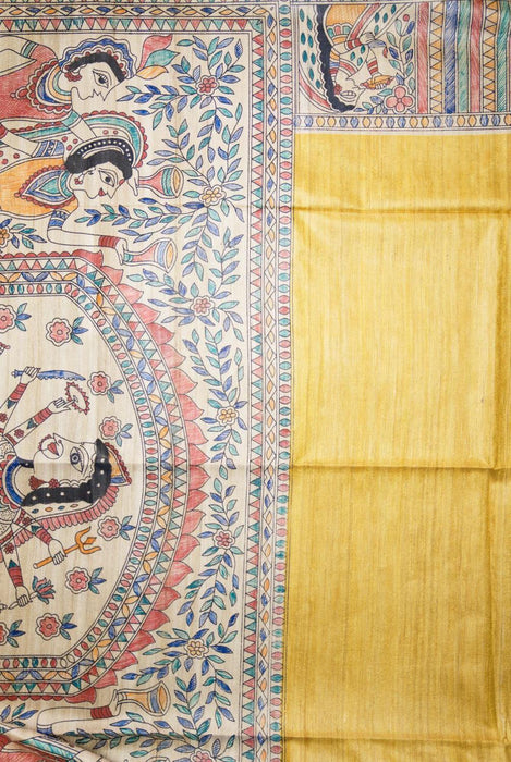 Bright Yellow Madhubani Silk Saree with Artistic Folk Designs 