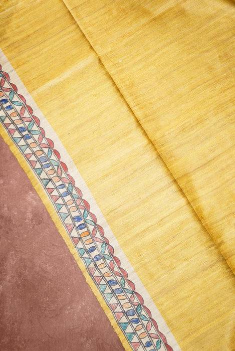 Bright Yellow Madhubani Silk Saree with Artistic Folk Designs 