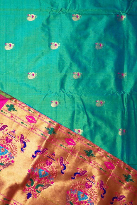 Elegant Aqua Green Pure Silk Paithani Saree with Zari Pallu