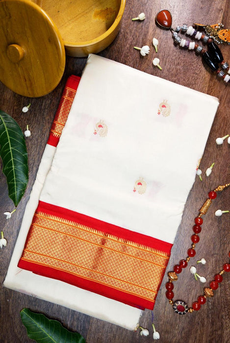 Elegant White and Red Pure Silk Paithani Saree with Zari Borders