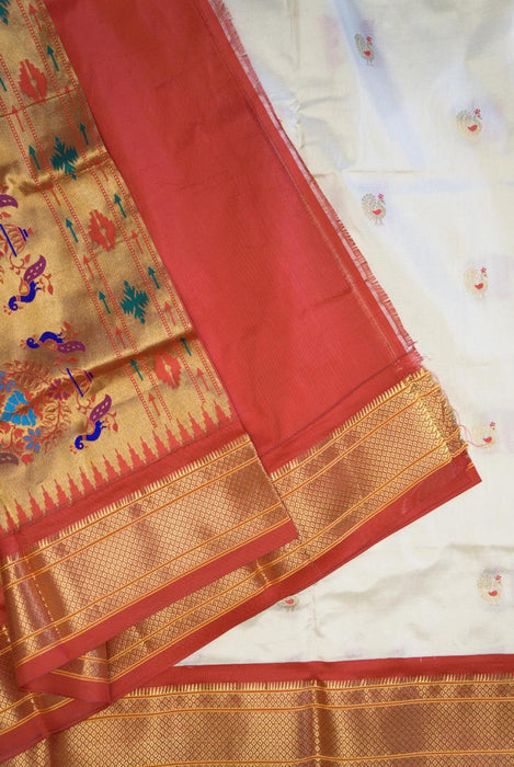 Elegant White and Red Pure Silk Paithani Saree with Zari Borders